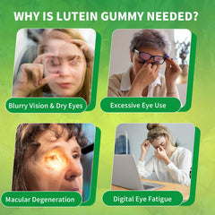 HUUAYAO Lutein Gummies packaging box highlighting non-GMO and gluten-free.