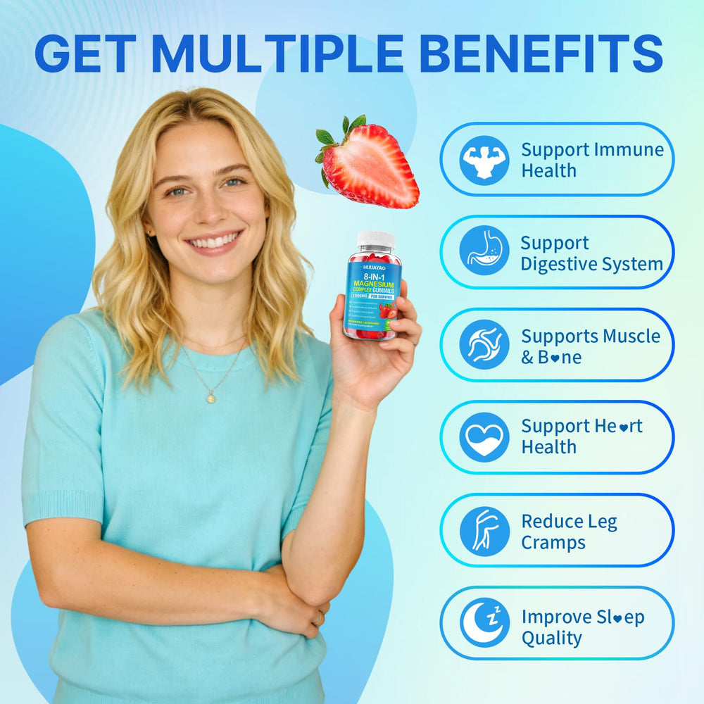 HUUAYAO Magnesium Complex Gummies nutrition panel showing eight magnesium forms