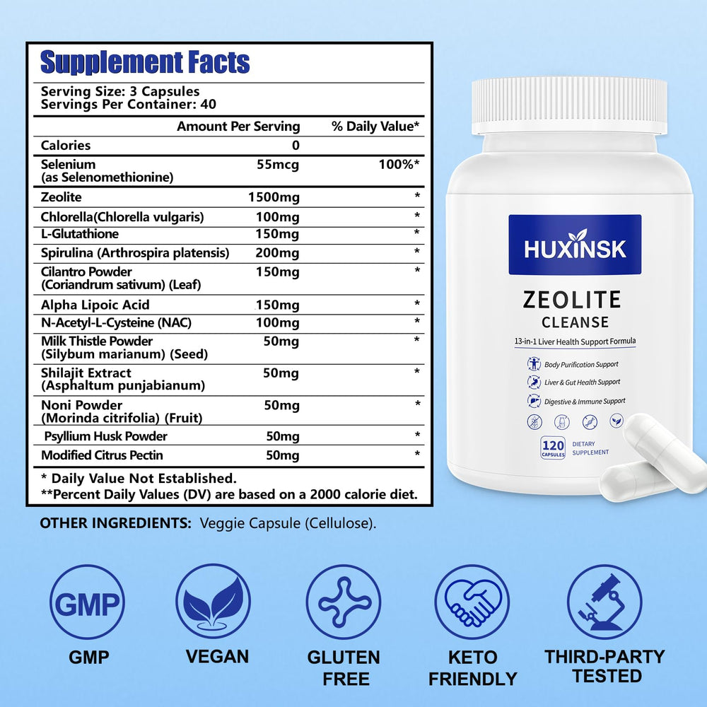 HUXINSK Zeolite Detox packaging shot to emphasize vegan, non-GMO safety