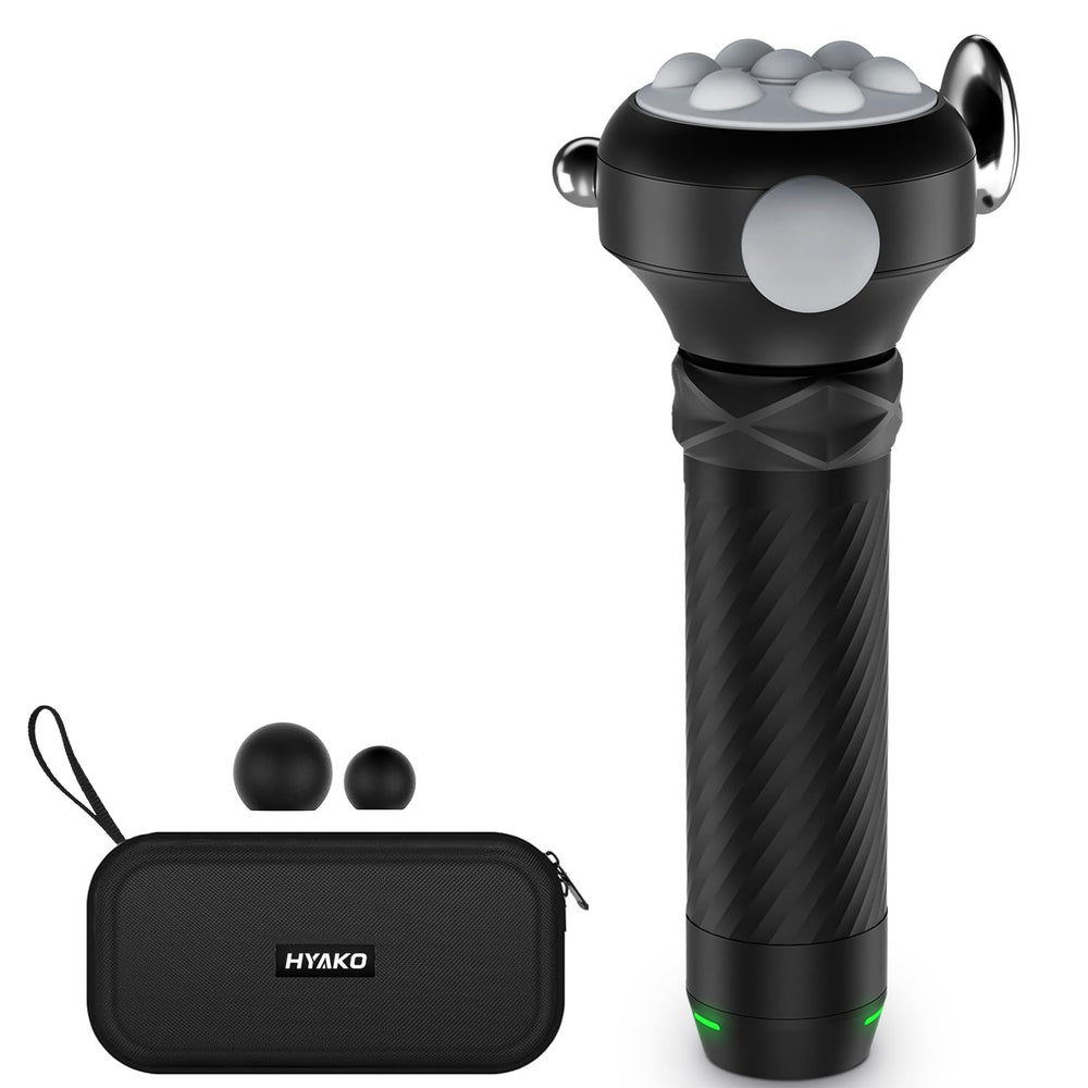 HYAKO Pro Max massager front view shows a compact design for on-the-go relief.