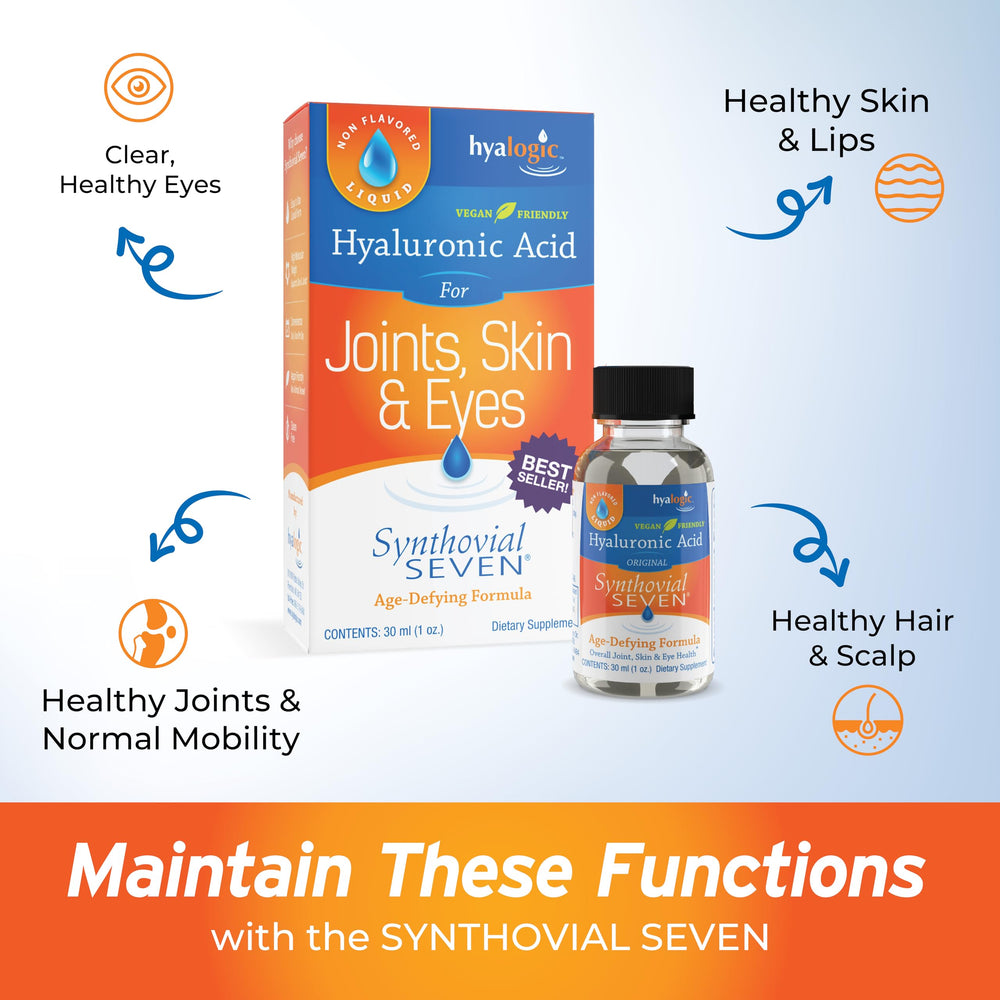 Hyalogic Synthovial Seven glass bottle highlights clean, allergen-free supplement.