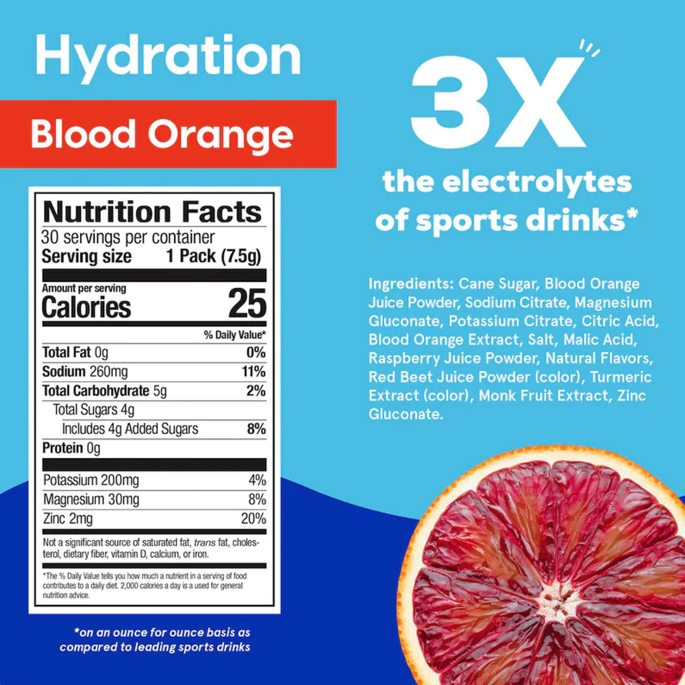 HYDRANT Blood Orange packets close-up, real fruit flavor for refreshing hydration.