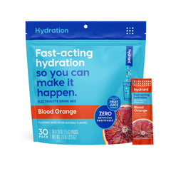 HYDRANT Blood Orange packets front view, quick morning hydration with low sugar.