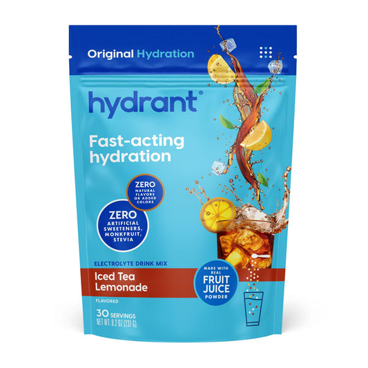 HYDRANT electrolyte powder in iced tea lemonade flavor for quick daily hydration