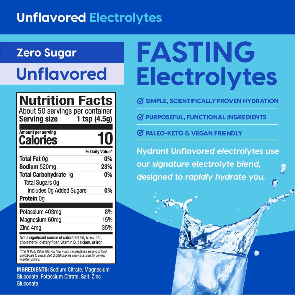 HYDRANT fasting electrolyte packets enabling sugar-free hydration with balanced minerals.