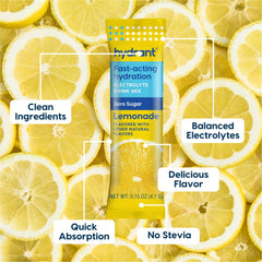 HYDRANT Lemonade stick packet in a glass emphasizing easy hydration