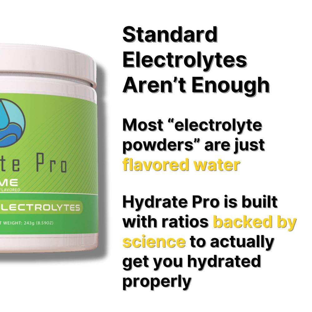 Hydrate Pro ingredients label emphasizes sodium-rich formula and sugar-free design.