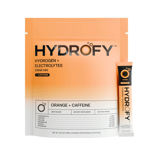 Hydrofy orange caffeine packets for portable hydration and quick energy boost.