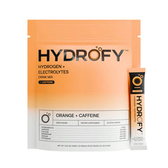 Hydrofy orange caffeine packets for portable hydration and quick energy boost.