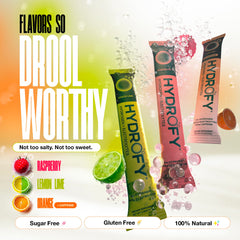 Hydrofy Raspberry packaging front highlighting sugar-free formula
