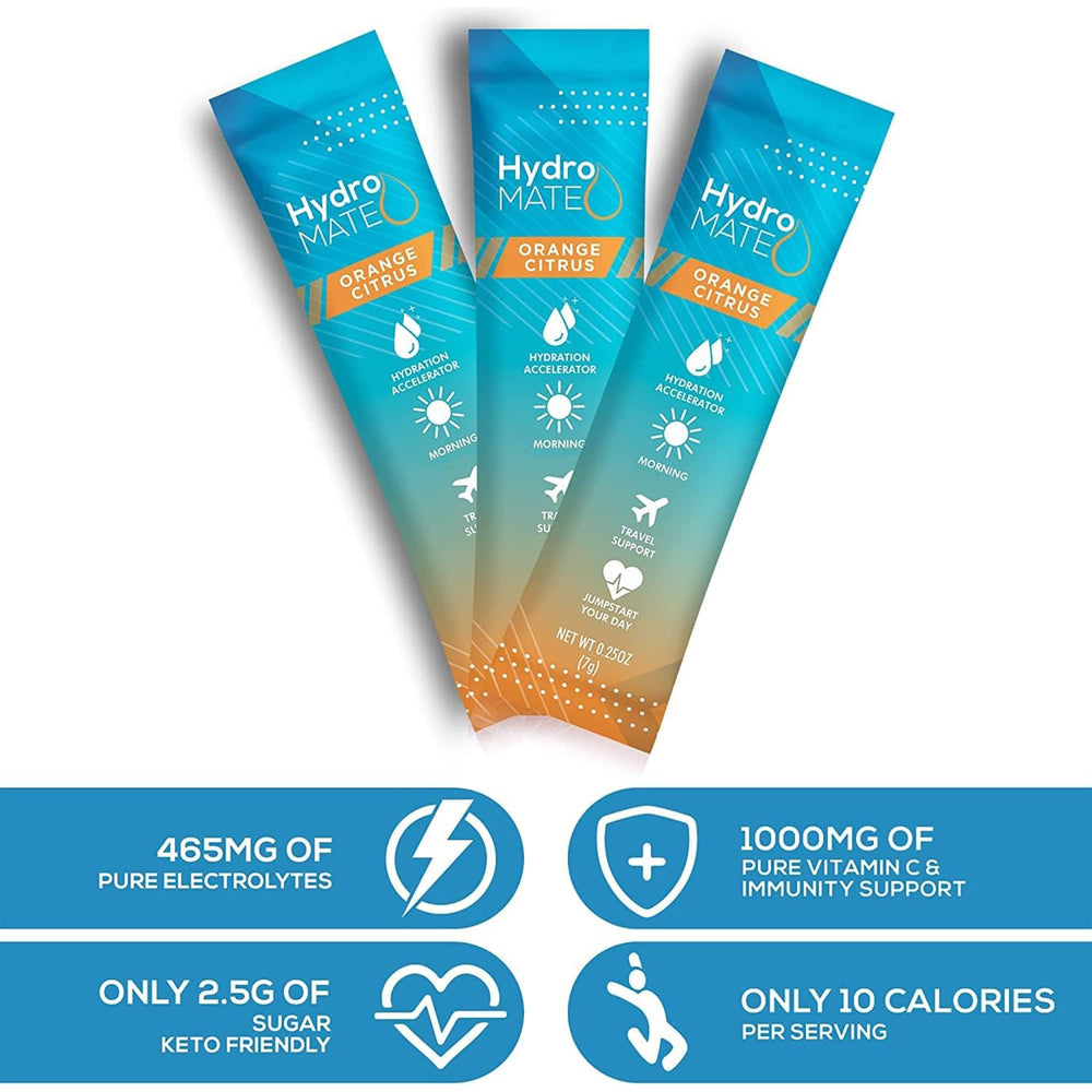 HydroMATE electrolytes party-favor packet for healthy gatherings.
