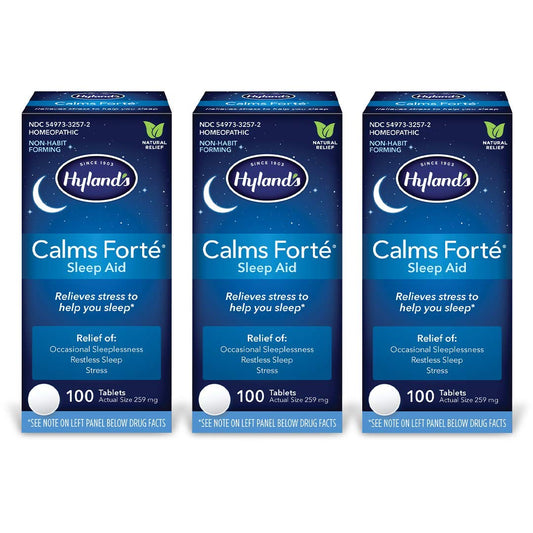 Hyland's Calms Forte sleep tablets bottle for gentle relief during nighttime