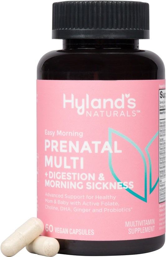 Hyland's Easy Morning Prenatal bottle-front with 60 vegan capsules for daily prenatal nutrition.