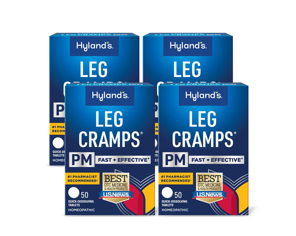 Hyland's Leg Cramps PM bottle on nightstand for quick nightly relief.