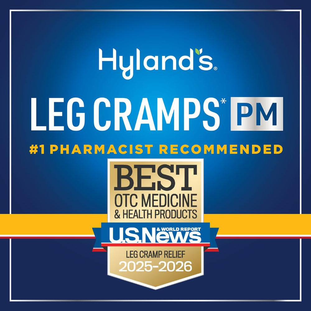 Hyland's Leg Cramps PM bottle with night-light suggesting sleep support.