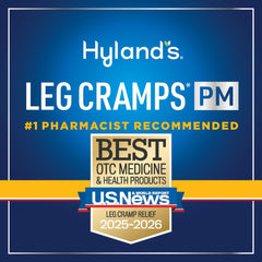 Hyland's Leg Cramps PM bottle with night-light suggesting sleep support.