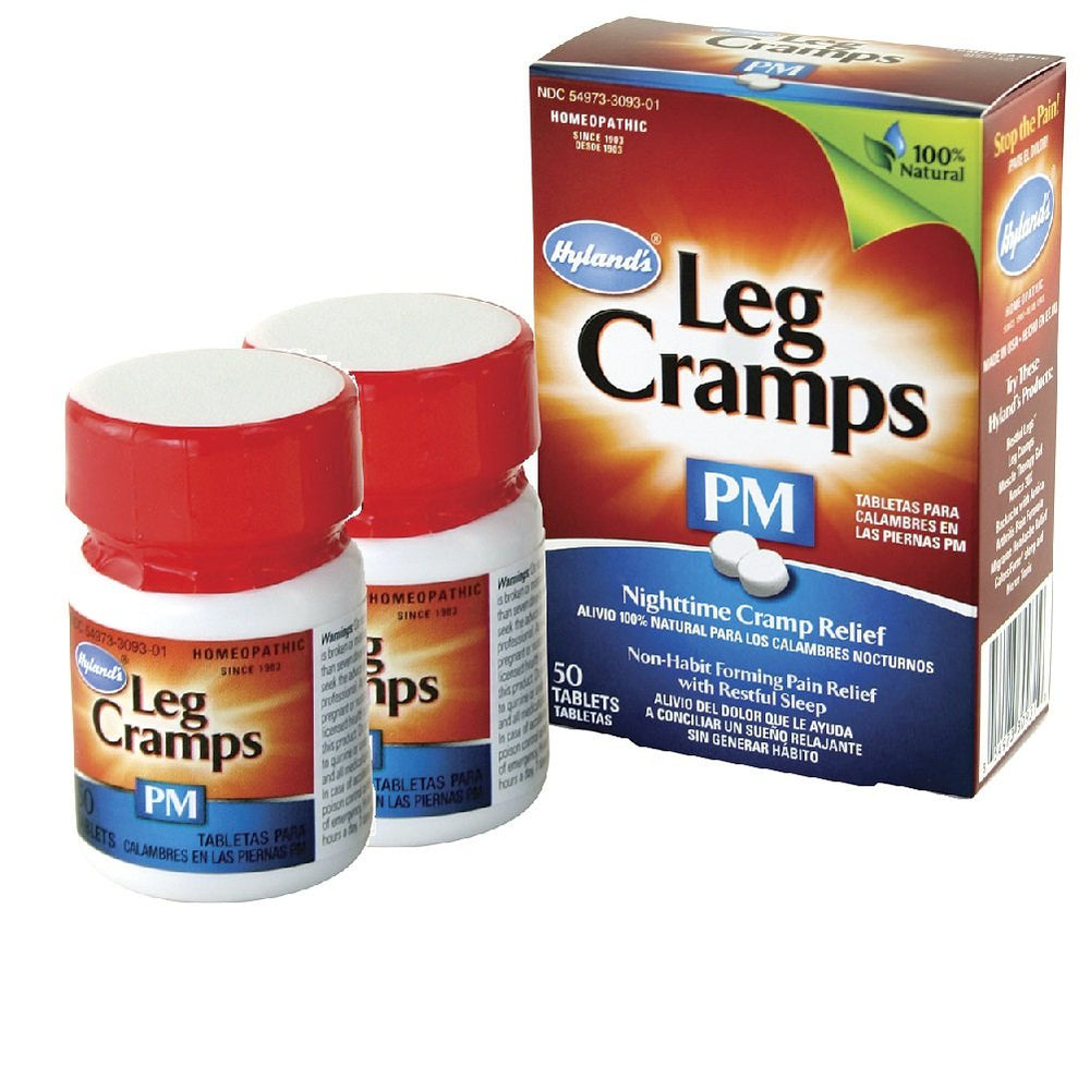 Hyland's Leg Cramps PM tablets bottle offering nighttime leg comfort.
