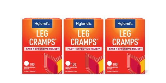 Hyland's leg cramps tablets pack offers fast, water-free relief for calves and feet.