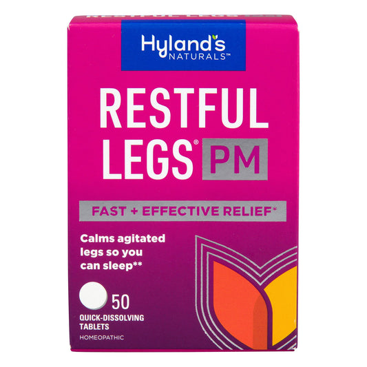 Hyland's Restful Legs PM box showing three-pack for night-time leg support