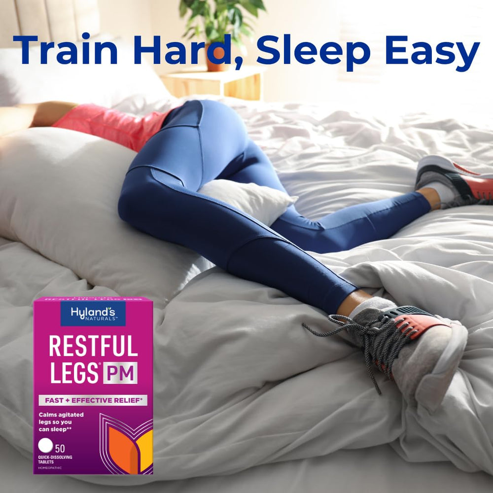 Hyland's Restful Legs PM sleep scene illustrating calm legs at night