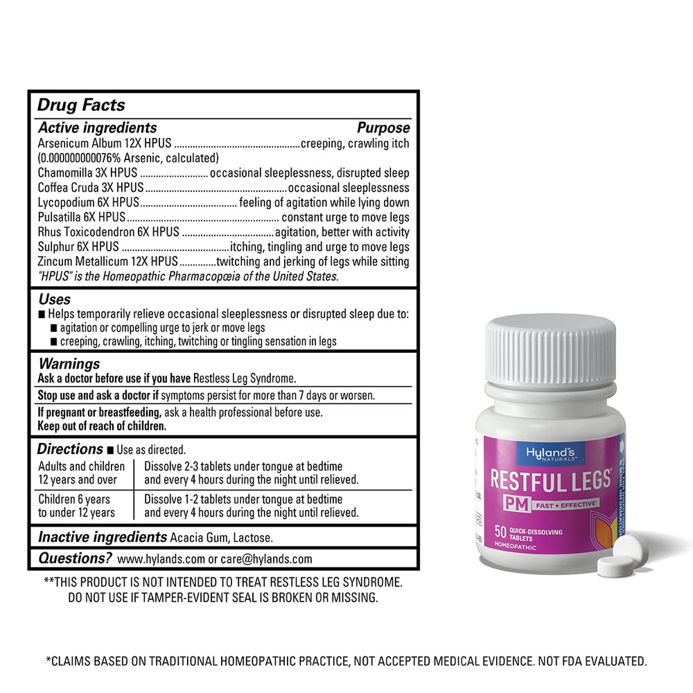 Hyland's Restful Legs PM tablets in blister pack for quick nightly use
