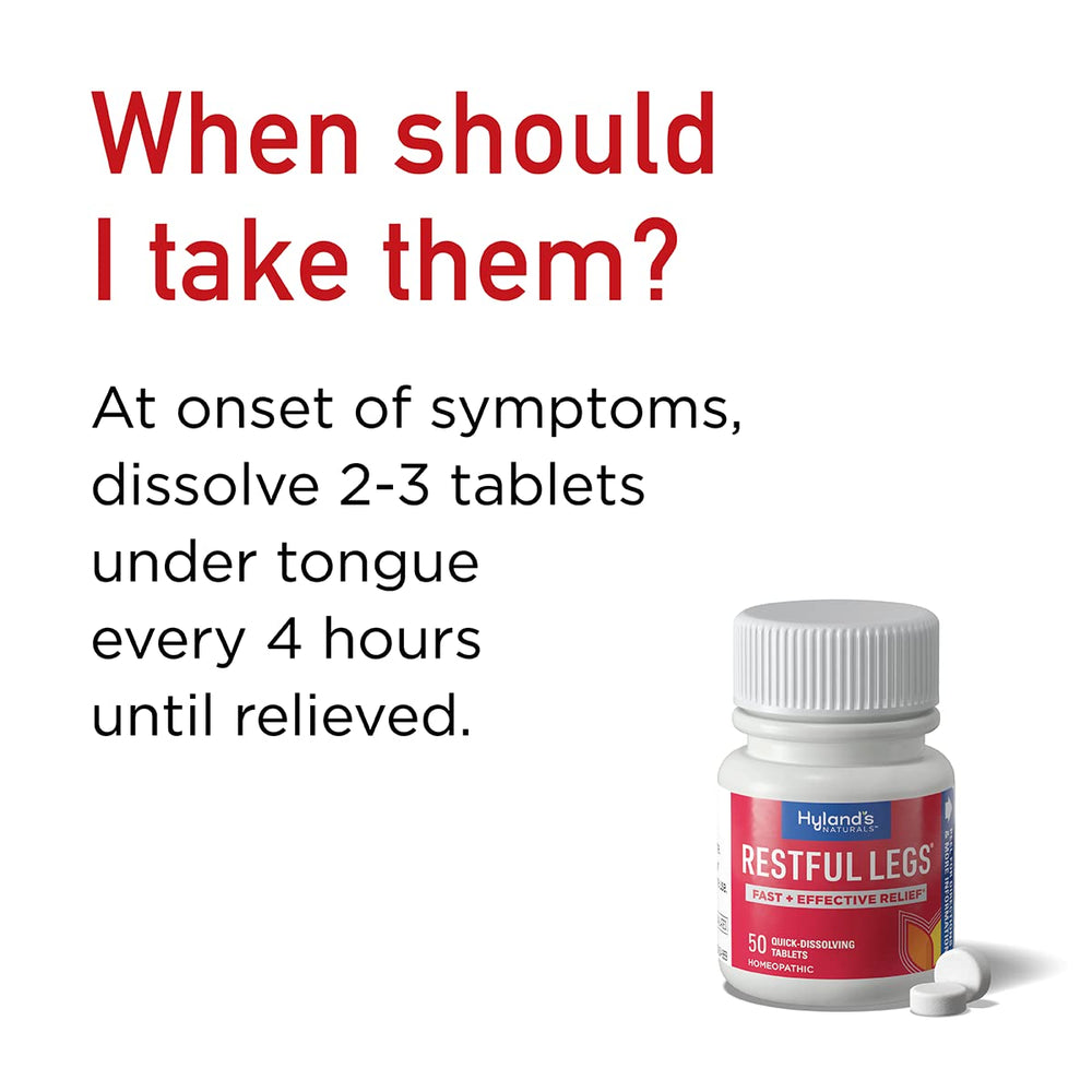 Hyland's Restful Legs tablets dissolving on tongue for easy use.