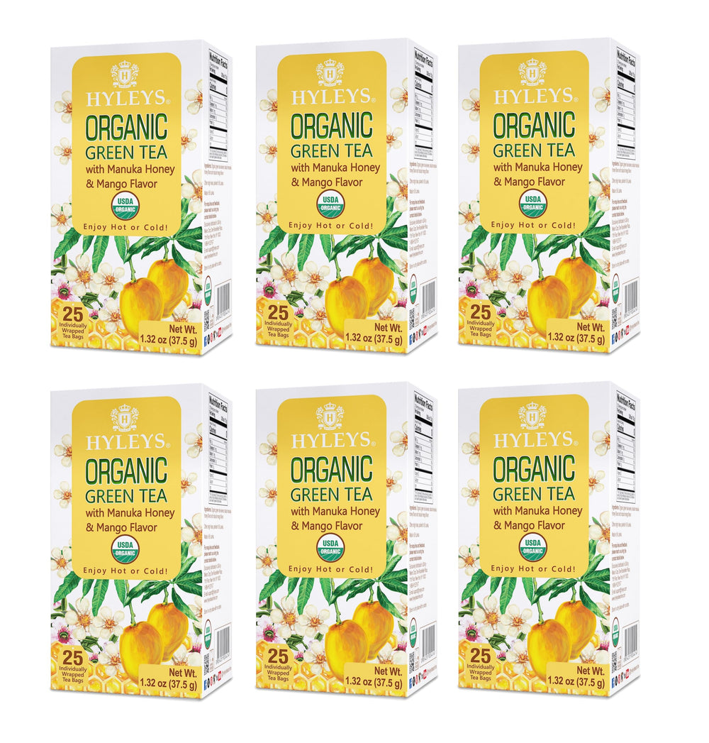 Hyleys Organic Green Tea Manuka Honey Mango recipe mug scene suggests versatility.