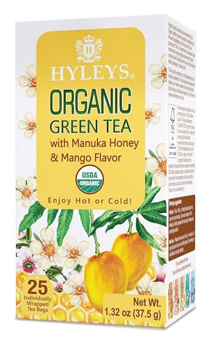 Hyleys Organic Green Tea Manuka Honey Mango tea steep cup highlights aroma and smooth finish.