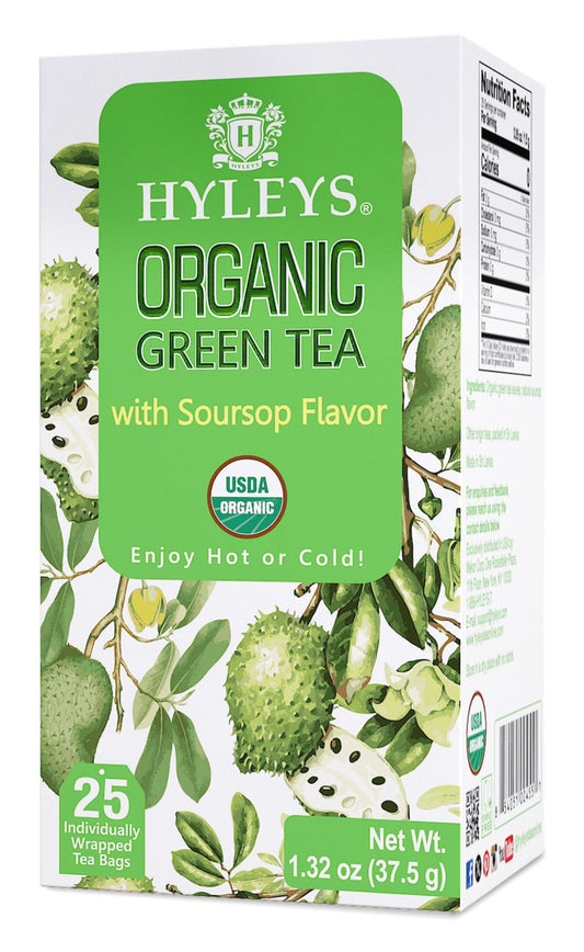 Hyleys Organic Green Tea Soursop Tea Bags ready for a flavorful, convenient daily ritual.
