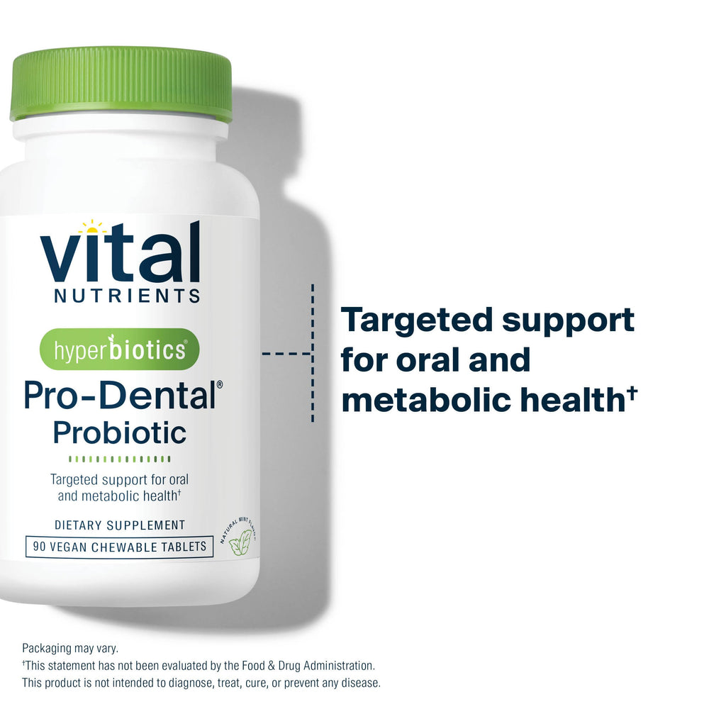 Hyperbiotics Pro Dental dairy-free BLIS K12 and M18 strains support oral balance.