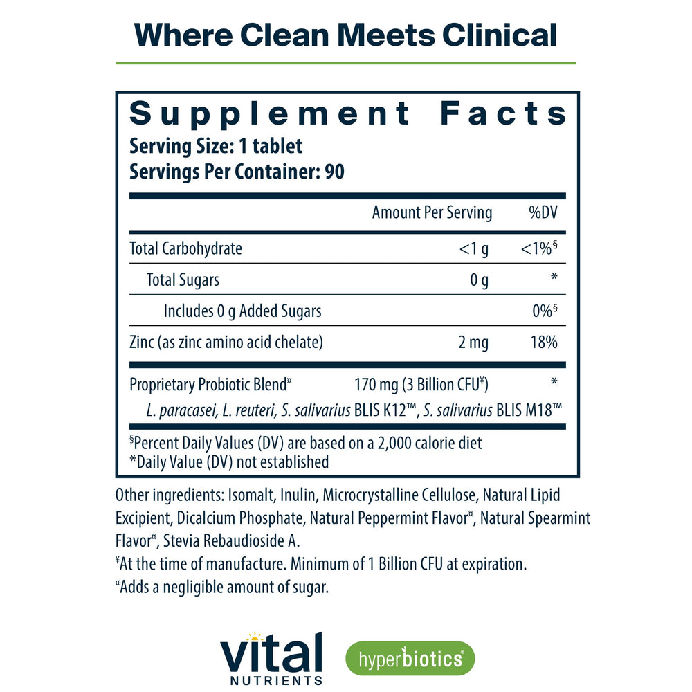 Hyperbiotics Pro Dental mint tablets ready for daily use.