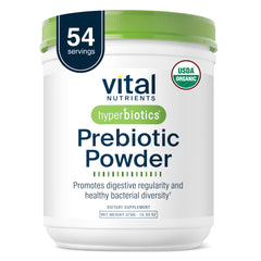 hyperbiotics vital nutrients prebiotic powder tub front supports healthy gut bacteria and digestive comfort.