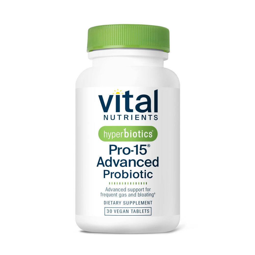 Hyperbiotics Vital Nutrients Pro-15 bottle front for balanced digestion.