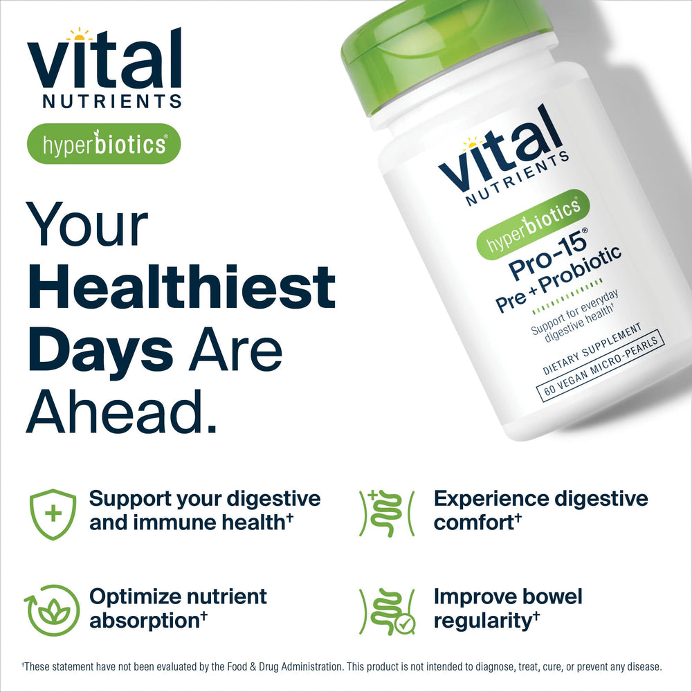 Hyperbiotics Vital Nutrients Pro-15 packaging with recycle symbol, shelf-stable and no refrigeration.