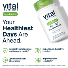 Hyperbiotics Vital Nutrients Pro-15 packaging with recycle symbol, shelf-stable and no refrigeration.