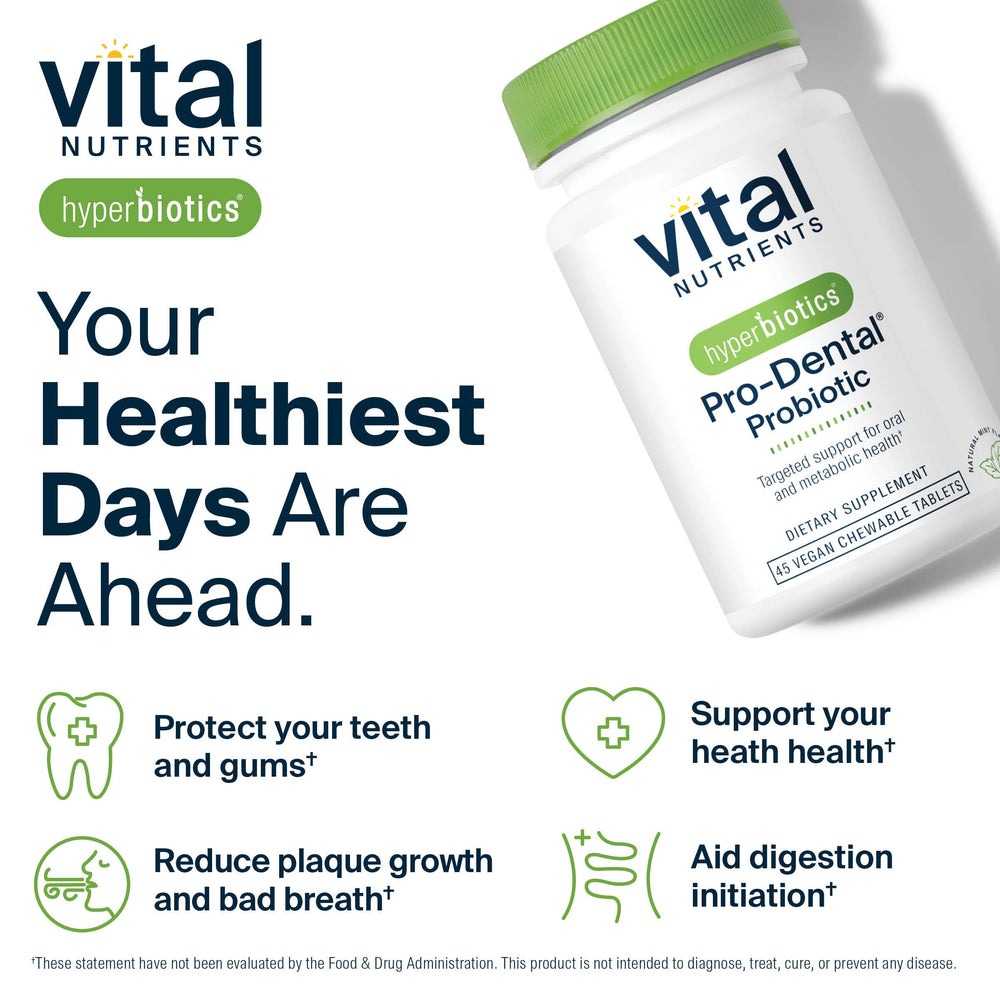Hyperbiotics Vital Nutrients Pro Dental BLIS K12 M18 visual emphasizes clinically studied strains