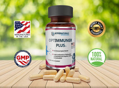 Hypernaturals OPTIMMUNER Plus bottle on a tidy countertop setup.