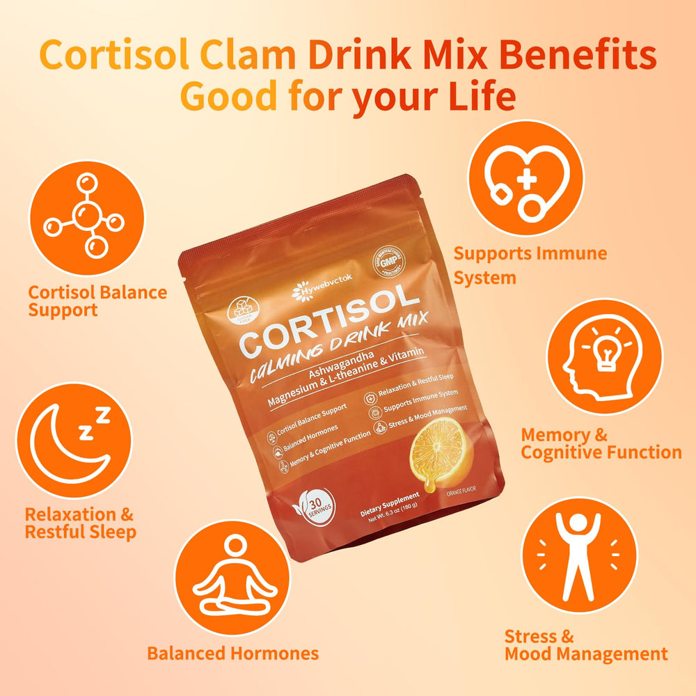 Hywebvctok cortisol drink powder highlighting ashwagandha and l-theanine ingredients