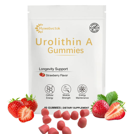 Hywebvctok Urolithin A bottle pour shows gummies for daily vitality and a sugar-free option