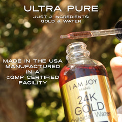 I Am Joy co. 24K gold particles closeup reveals nano-scale purity.