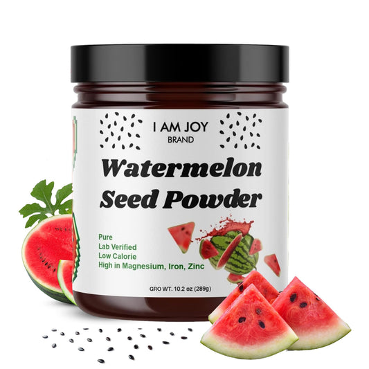 I Am Joy co Watermelon Seed Protein Powder bottle shows pesticide-free nutrients for daily use