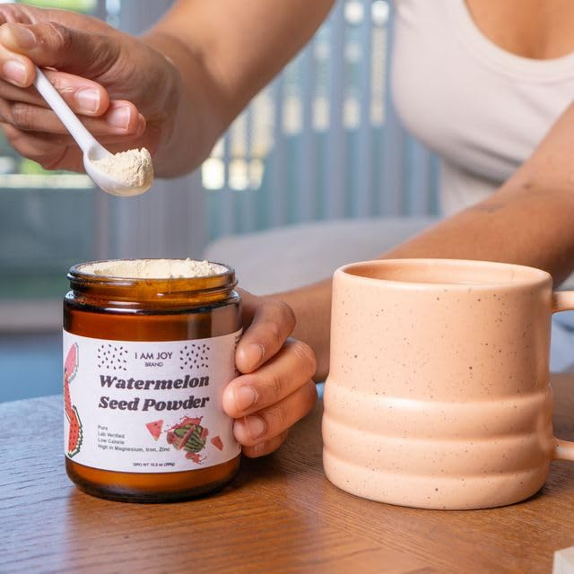 I Am Joy co Watermelon Seed Protein Powder jar 16oz on shelf showcasing vegan protein