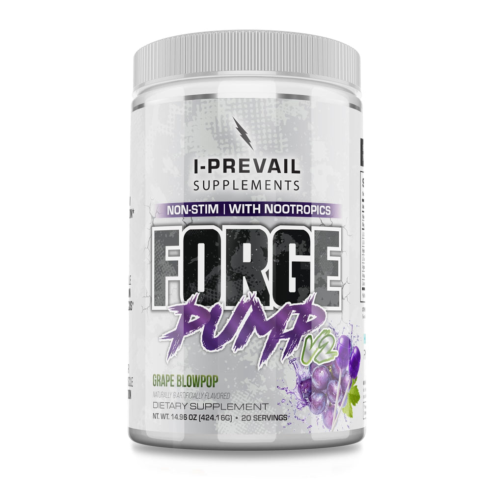 I-Prevail Forge Pump V2 grape blowpop bottle highlights vascular-focused, non-stim pump support.