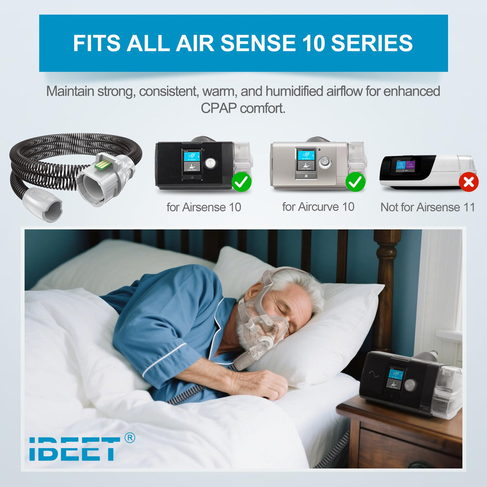IBEET AirSense 10 tubing highlighting temperature regulation for consistent airflow.