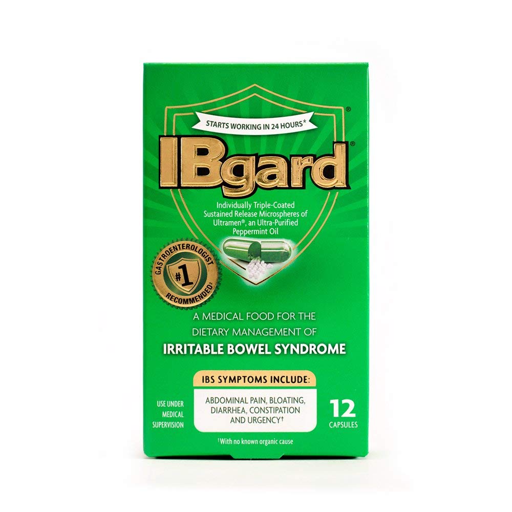 IBgard bottle with capsules supporting irritable bowel health and daily gut balance.