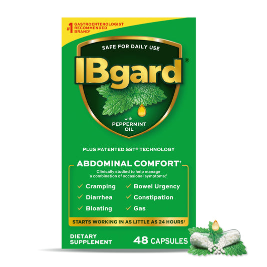 IBgard peppermint oil capsules bottle highlighting daily gut support potential.
