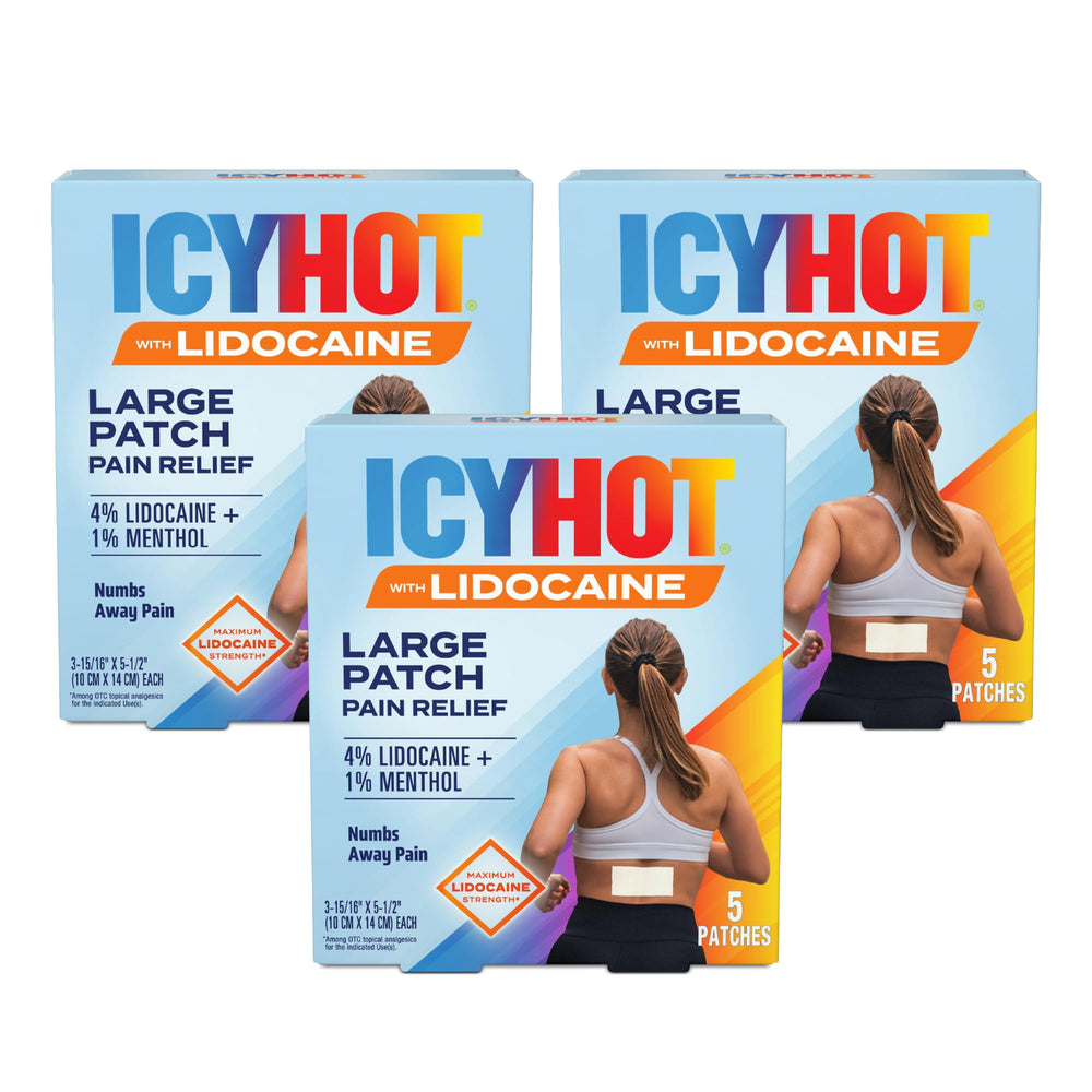 Icy Hot Max Strength patch applied on back for targeted relief.