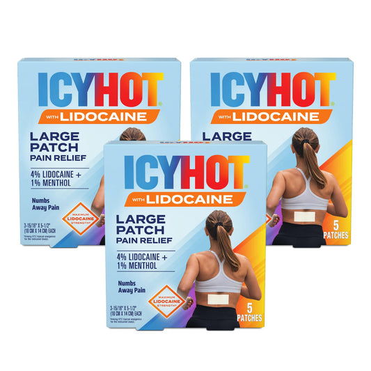 Icy Hot Max Strength patch applied on back for targeted relief.