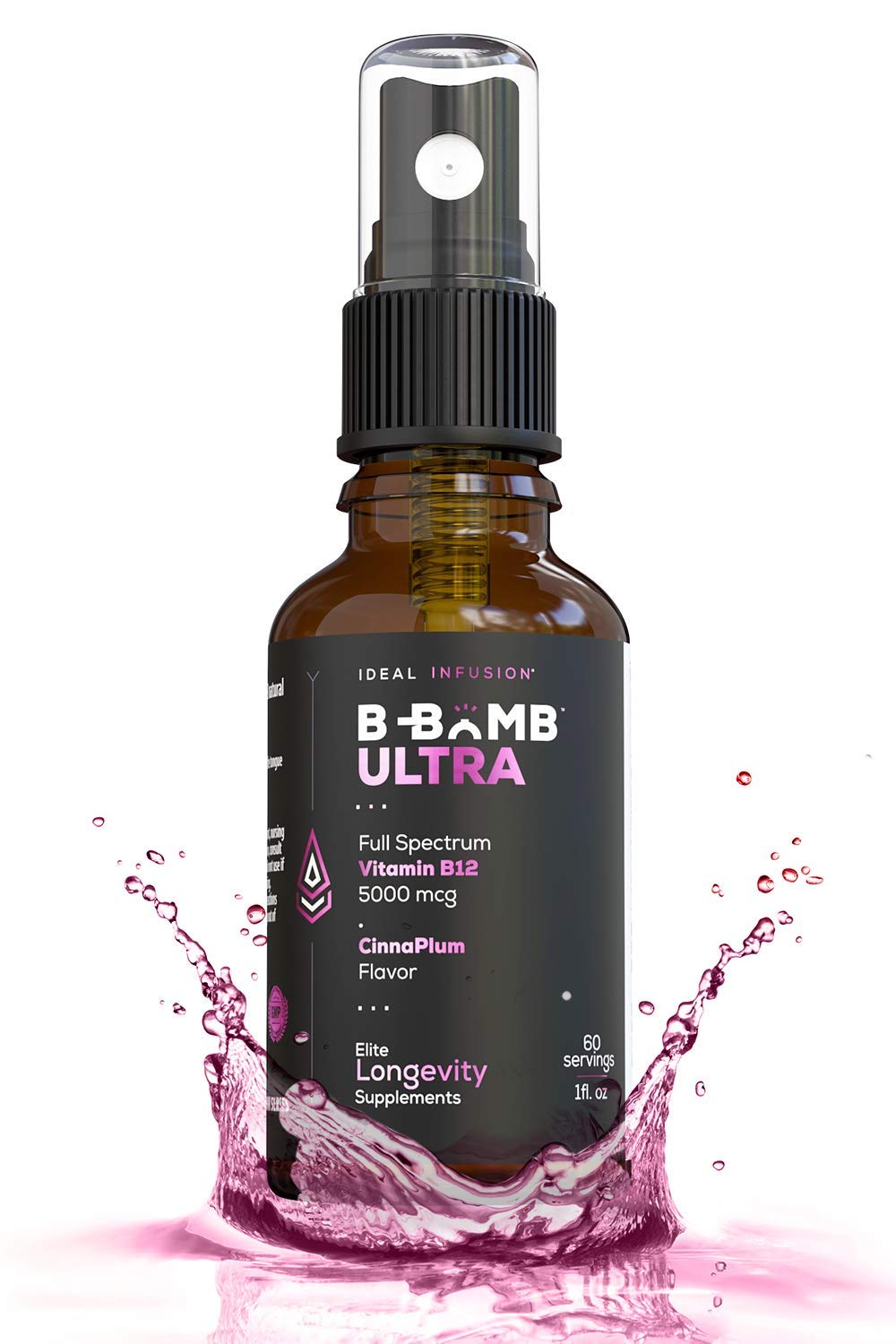 Ideal Infusion B-Bomb bottle closeup showing premium liquid vitamin formulation for daily energy