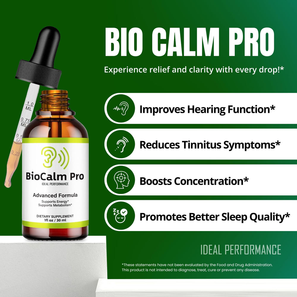 IDEAL PERFORMANCE Bio Calm Pro Tinnitus Drops natural extracts visible in the bottle